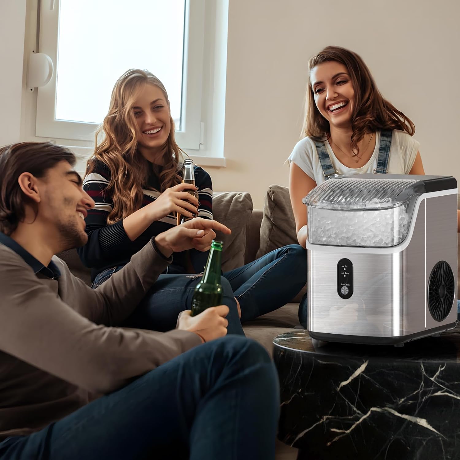 Nugget Ice Makers Countertop, Pebble Ice Machine with Chewable Pellet Ice, 34Lbs/24H, Self-Cleaning, Sonic Ice, One-Click Operation, for Kitchen,Office Stainless Steel Silver wourant