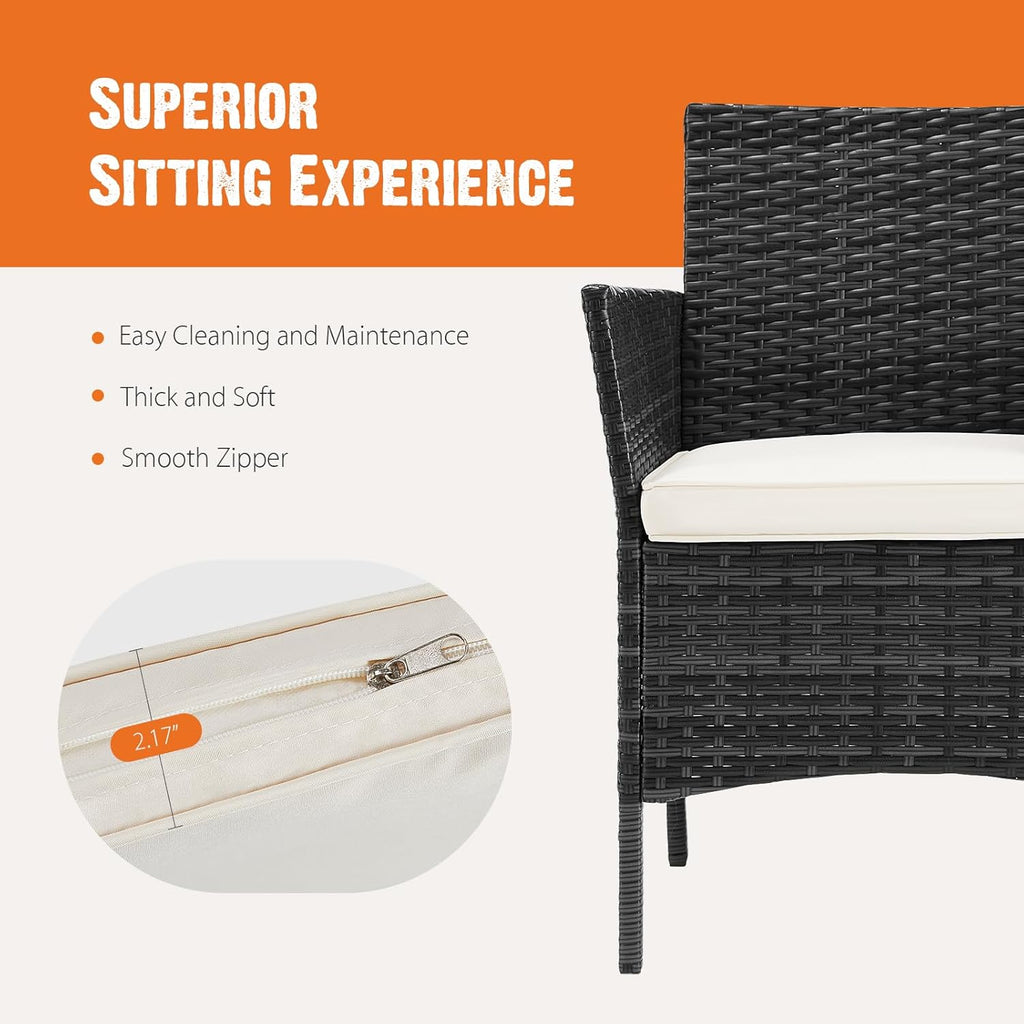 Sweetcripy Patio Furniture Set 3 Pieces, Outdoor Furniture with Soft Cushion and Glass Table, All Weather Manual Weaving Wicker Rattan Patio Chairs for Garden, Terrace, Porch(Black and Beige) wourant