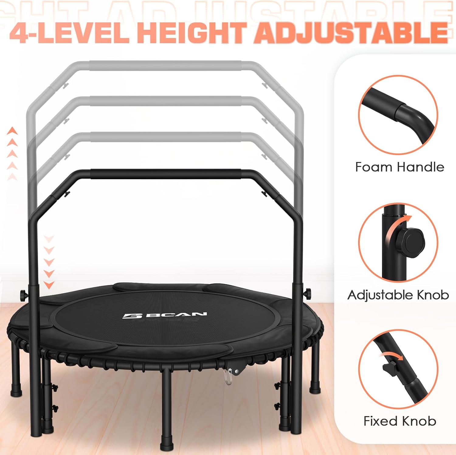 BCAN 450/550 LBS Foldable Mini Trampoline, 40"/48" Fitness Trampoline with Bungees, U Shape Adjustable Foam Handle, Stable & Quiet Exercise Rebounder for Adults Indoor/Outdoor Workout wourant