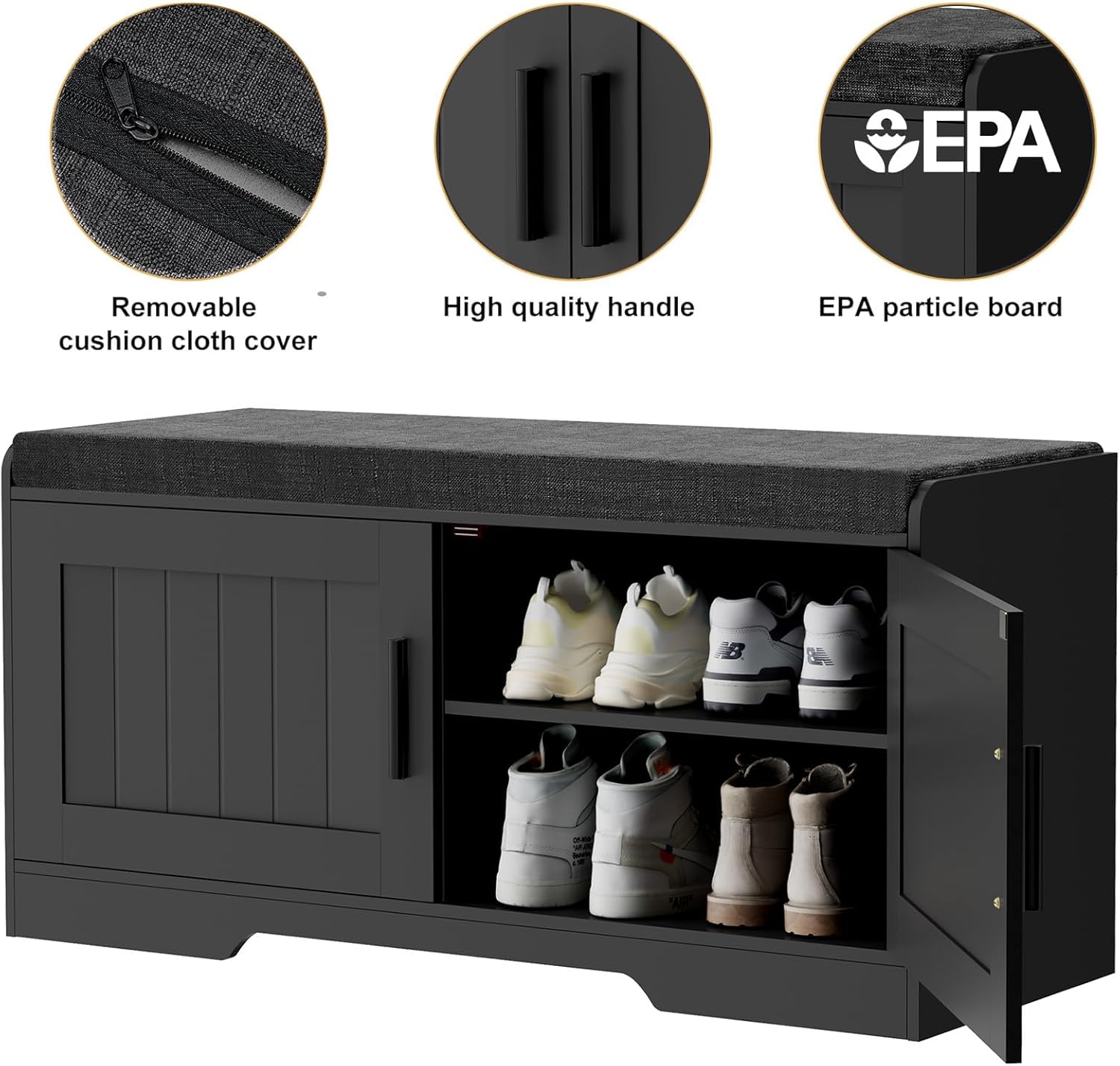 2-Tier Storage Bench, Shoe Bench with Thickened Padded Seat Cushion, Entryway Bench with 4 Doors, Adjustable Shelf wourant