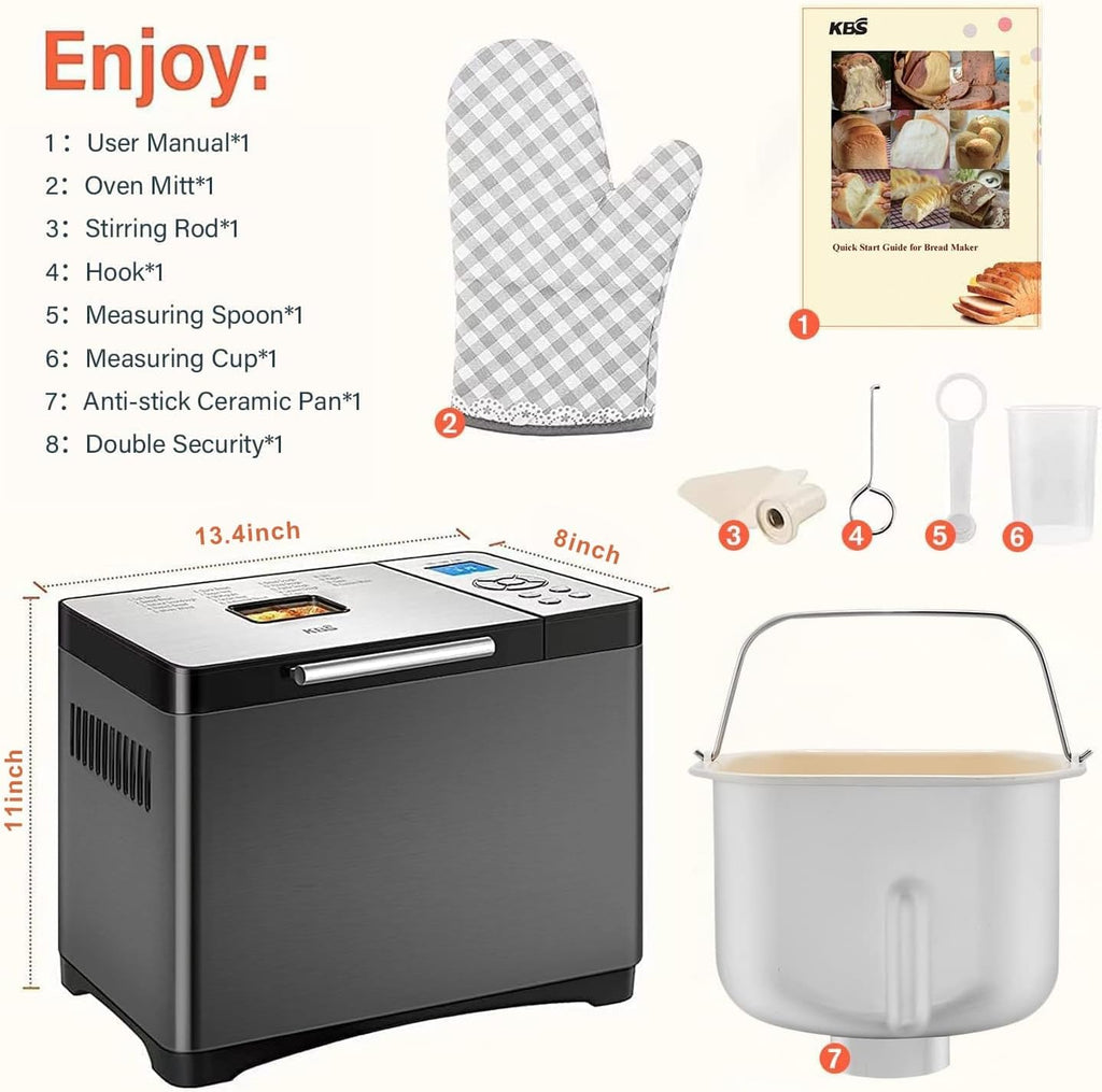 KBS 2LB Bread Maker, 19-in-1 Automatic Stainless Steel Bread Maker with Ceramic Pot, 650W Bread Maker, 3 Loaf Sizes wourant