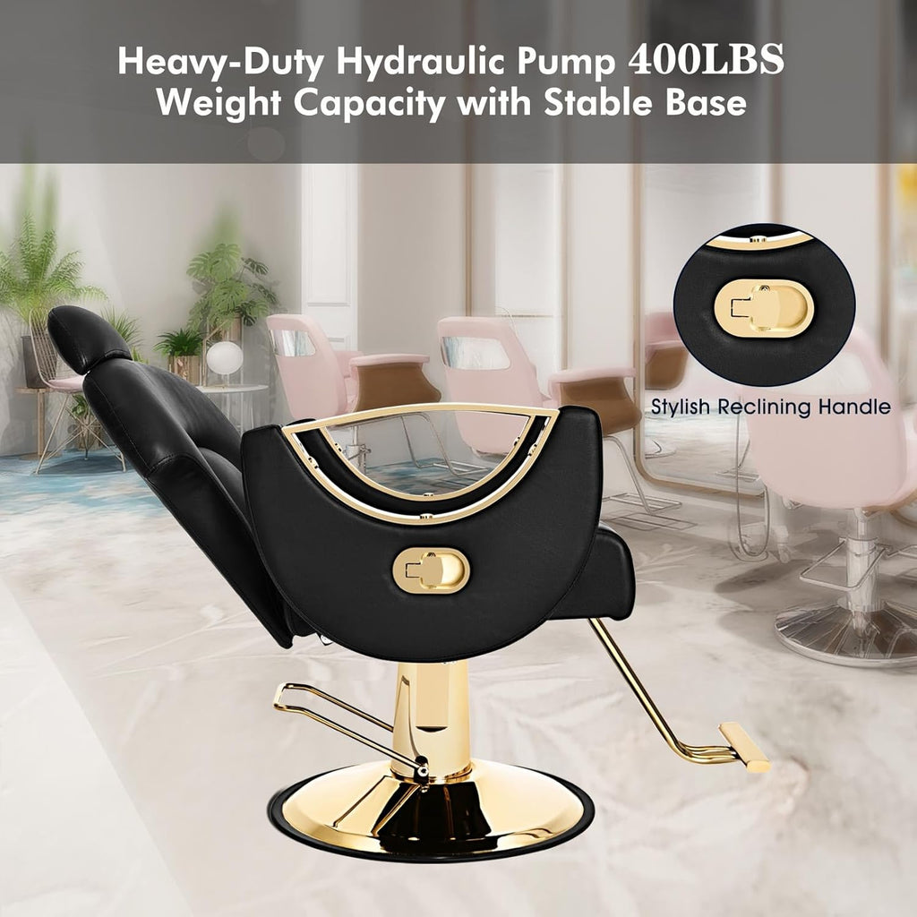 Artist Hand Salon Chair Reclining Barber Chair Oversized Hydraulic Pump Heavy Duty Hair Salon Chair 360 Degree Swivel Hair Chair for Hair Stylist, Beauty Spa Equipment Max Load 400 LBS, Black and Gold wourant