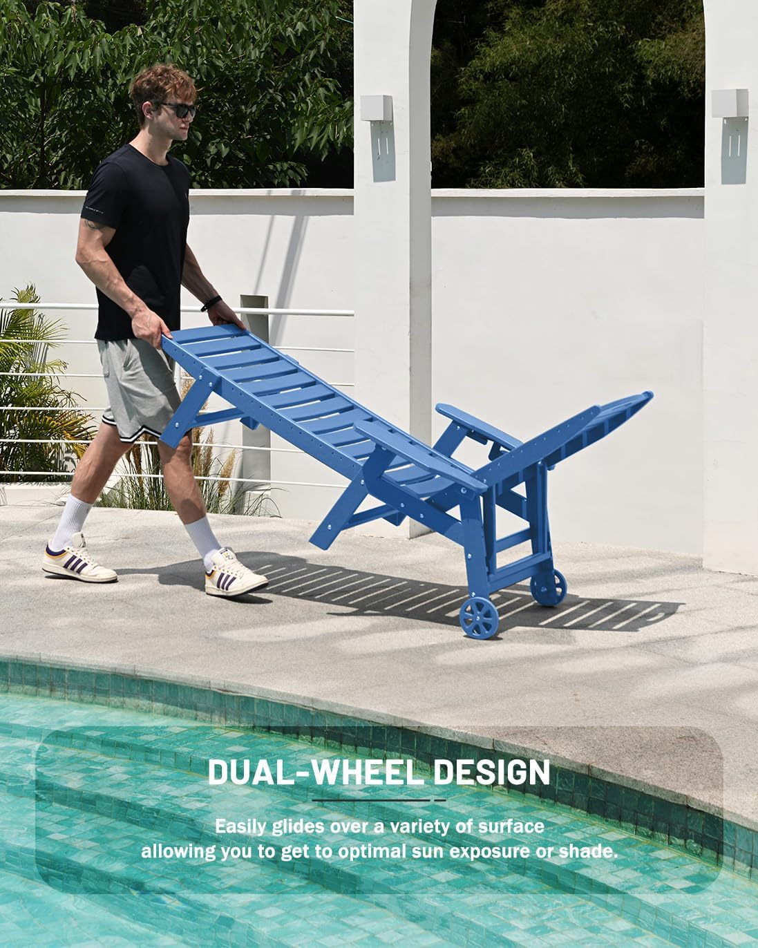 Lounge Chair Outdoor, Chaise Lounge, HDPE 6-Position Outdoor Chaise Lounge, Patio Lounge Chair with Wheels & Cup Holder for Pool Poolside Deck Backyard, Teak wourant