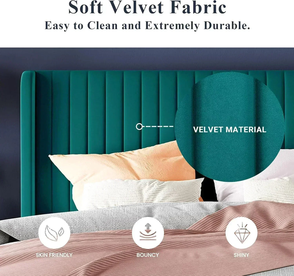 Allewie Full Size Velvet Bed Frame Vertical Channel Tufted Wingback Headboard Upholstered Bed wourant