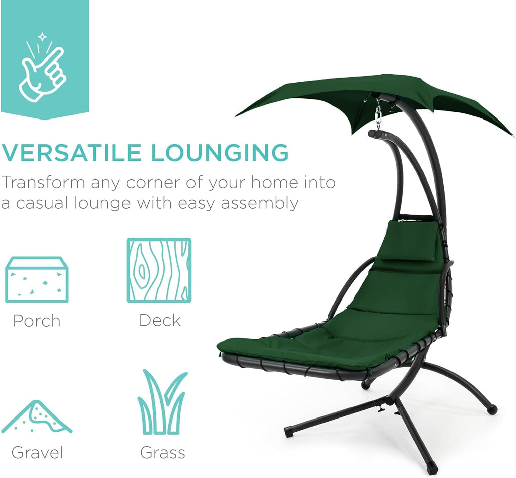 Best Choice Products Outdoor Hanging Curved Steel Chaise Lounge Chair Swing w/Built-in Pillow and Removable Canopy - Charcoal Gray wourant