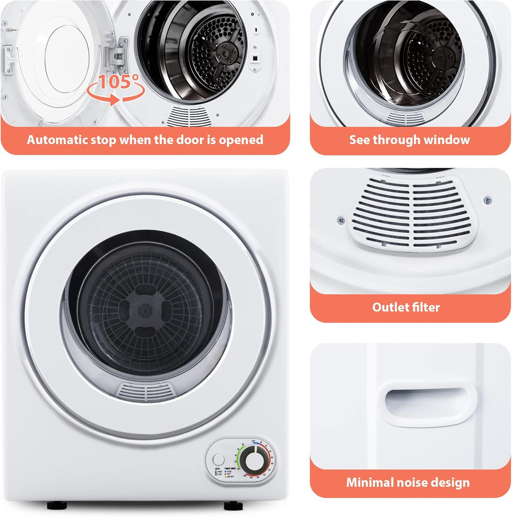 Compact Laundry Dryer, 3.5 cu ft Front Load Stainless Steel Clothes Dryers With Exhaust Pipe, 1500W, LCD Control Panel Four-Function Portable Dryer For Apartments, Home, Dorm, White wourant