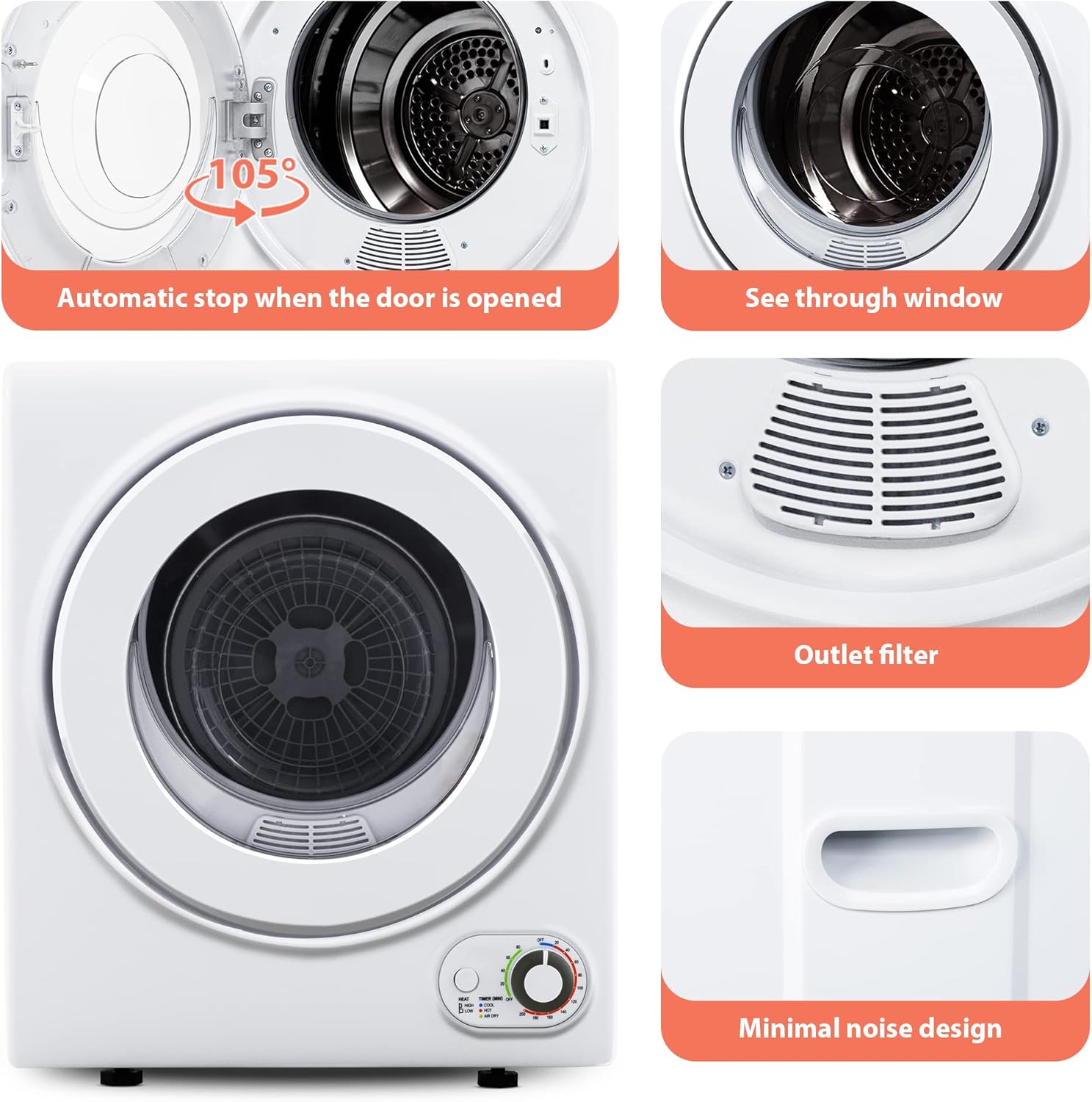 Compact Laundry Dryer, 3.5 cu ft Front Load Stainless Steel Clothes Dryers With Exhaust Pipe, 1500W, LCD Control Panel Four-Function Portable Dryer For Apartments, Home, Dorm, White wourant