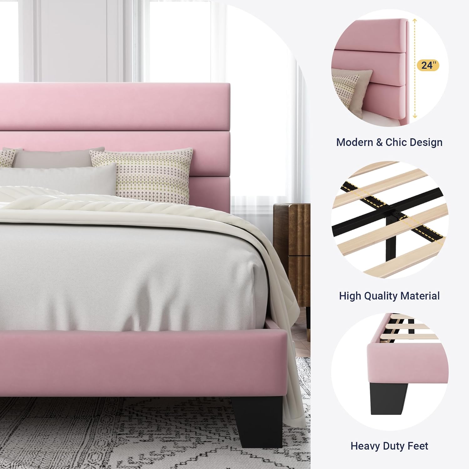 Allewie Queen Size Platform Bed Frame Fabric Upholstered Headboard Wooden Slats Support wourant