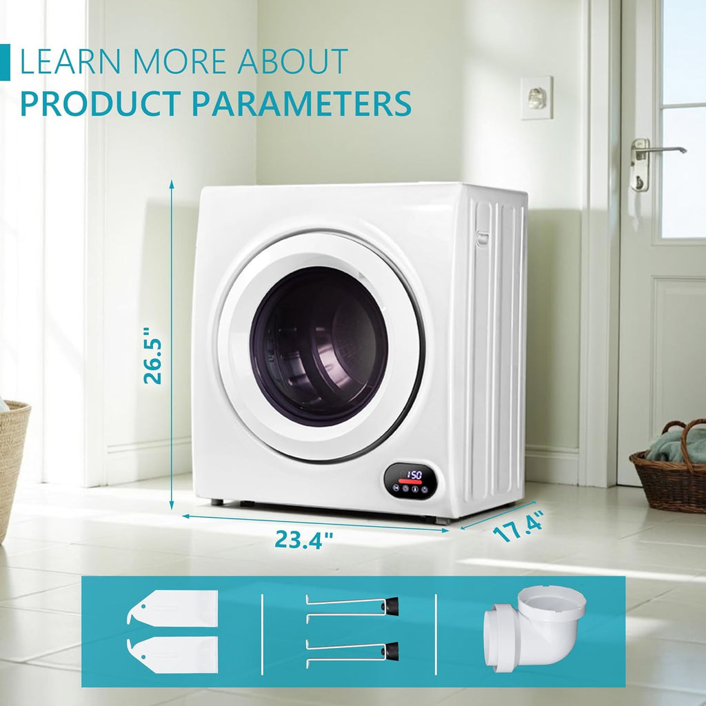 Compact Laundry Dryer, 3.5 cu ft Front Load Stainless Steel Clothes Dryers With Exhaust Pipe, 1500W, LCD Control Panel Four-Function Portable Dryer For Apartments, Home, Dorm, White wourant