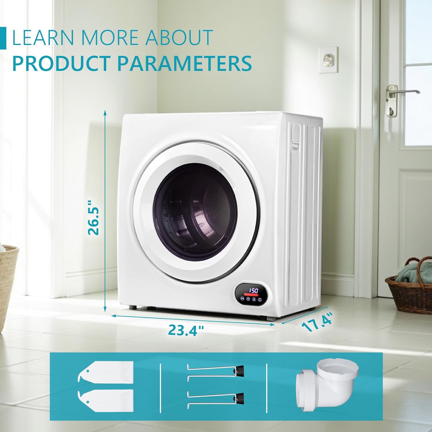 Compact Laundry Dryer, 3.5 cu ft Front Load Stainless Steel Clothes Dryers With Exhaust Pipe, 1500W, LCD Control Panel Four-Function Portable Dryer For Apartments, Home, Dorm, White wourant