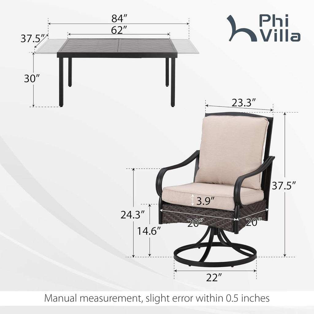 PHI VILLA 6-Piece Outdoor Dining Sets, All-Weather Patio Table and Chairs Set with Umbrella for 4, Heavy Duty Patio Round Table Set for Deck, 4 Extra Large Outdoor Swivel Chairs with Thick Cushions wourant