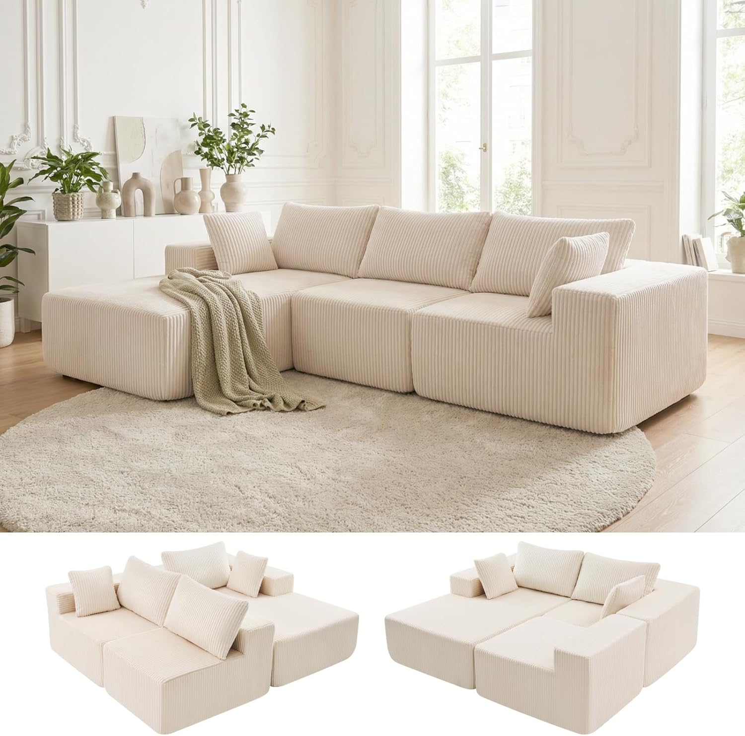 DUMOS 108" Boneless Couch, Cloud Sectional Couch with L-Shape Chaise, Modular Sectional Sofa with Deep Seat, Upholstered Couch for Living Room Bedroom, No Assembly Required (Beige, Left Facing Chaise) wourant