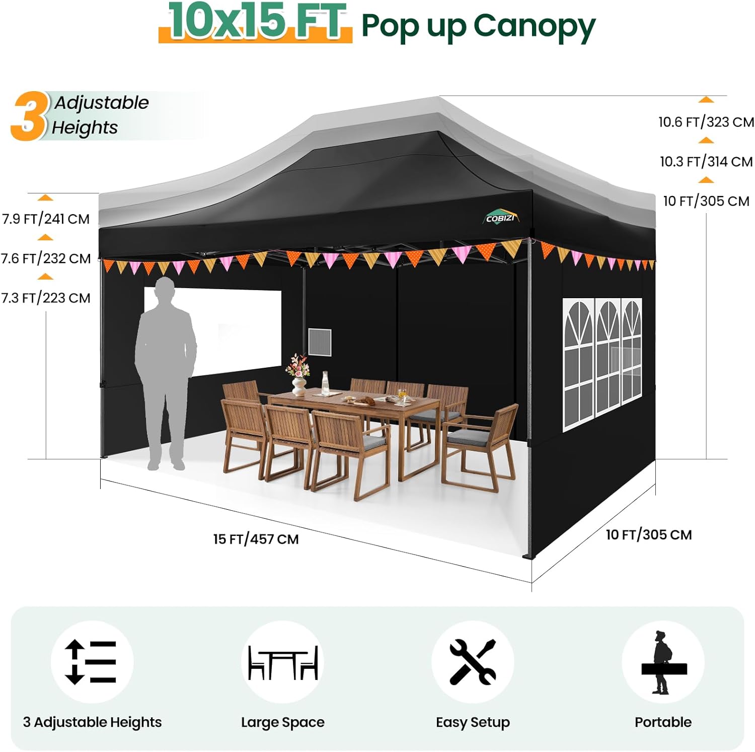 COBIZI 10x20 Heavy Duty Pop up Canopy Tent with 6 sidewalls Easy Up Commercial Outdoor Canopy Wedding Party Tents for Parties All Season Wind & Waterproof Gazebo with Roller Bag,Black(Frame Thickened) wourant