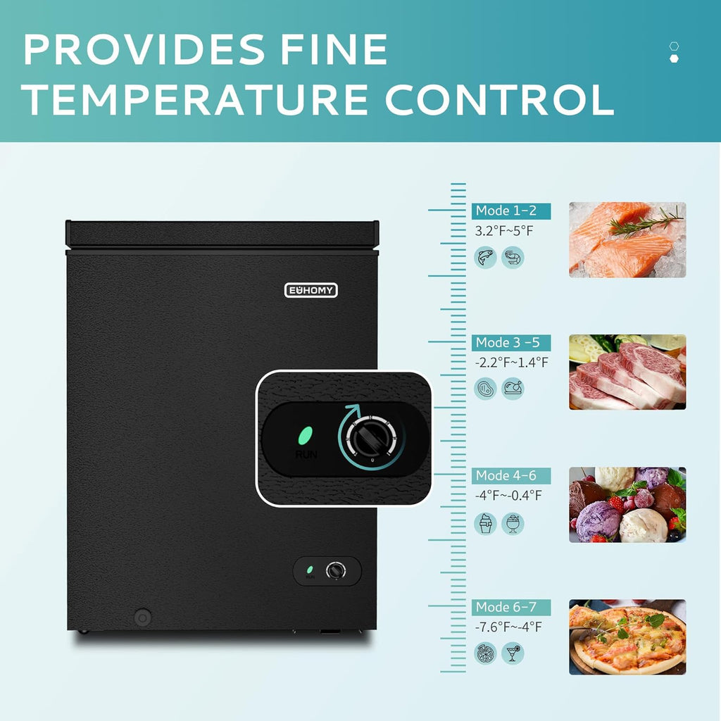 EUHOMY 3.5 Cu.Ft Chest Freezer with Removable Basket, Small Deep Freezer Adjustable 7 Thermostat, Quiet Mini Freezer Free-Standing Top Door, Energy Saving for Apartment/Garage/Basement/Dorm/Home,Black wourant