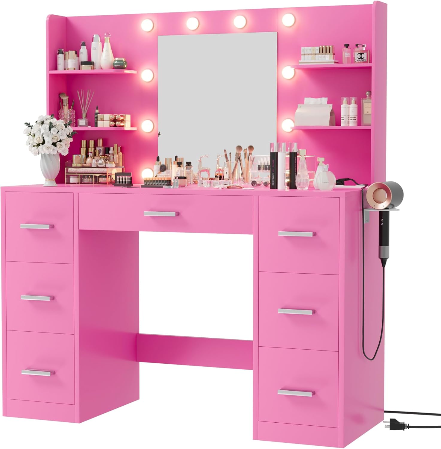 Furmax Vanity Desk with Mirror, LED Lights and Power Outlet Makeup Vanity Table wourant