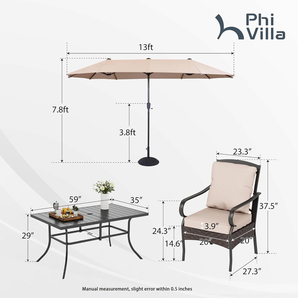 PHI VILLA 6-Piece Outdoor Dining Sets, All-Weather Patio Table and Chairs Set with Umbrella for 4, Heavy Duty Patio Round Table Set for Deck, 4 Extra Large Outdoor Swivel Chairs with Thick Cushions wourant