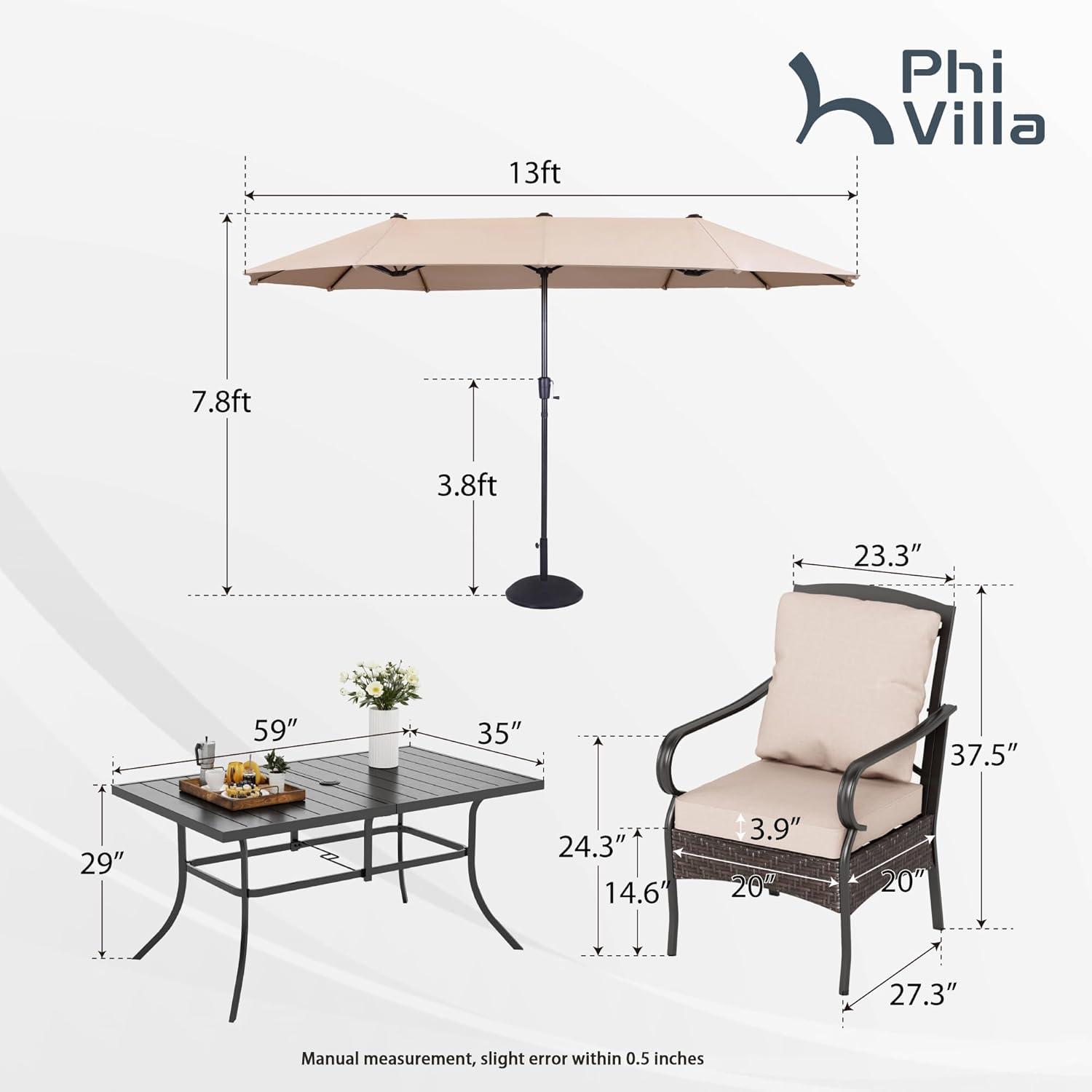 PHI VILLA 6-Piece Outdoor Dining Sets, All-Weather Patio Table and Chairs Set with Umbrella for 4, Heavy Duty Patio Round Table Set for Deck, 4 Extra Large Outdoor Swivel Chairs with Thick Cushions wourant