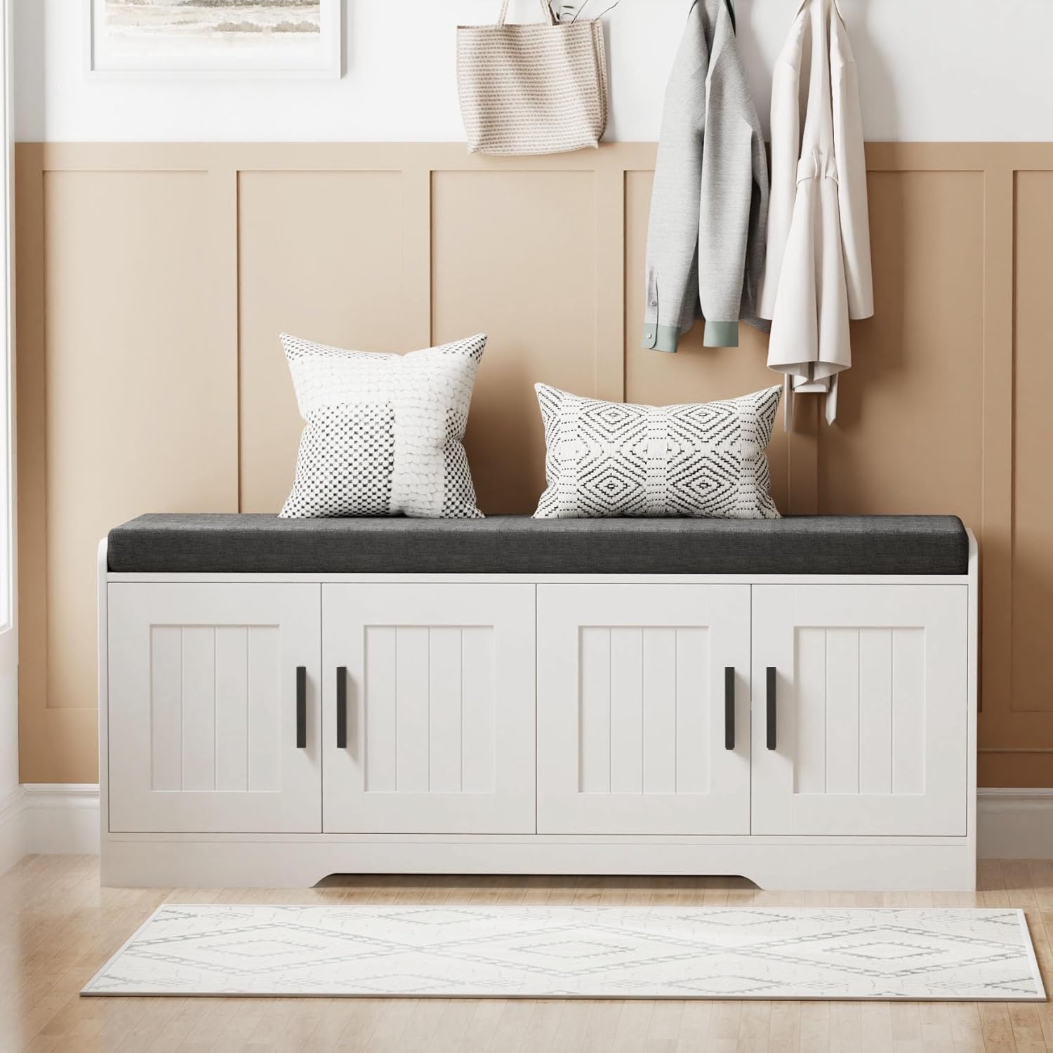 2-Tier Storage Bench, Shoe Bench with Thickened Padded Seat Cushion, Entryway Bench with 4 Doors, Adjustable Shelf wourant