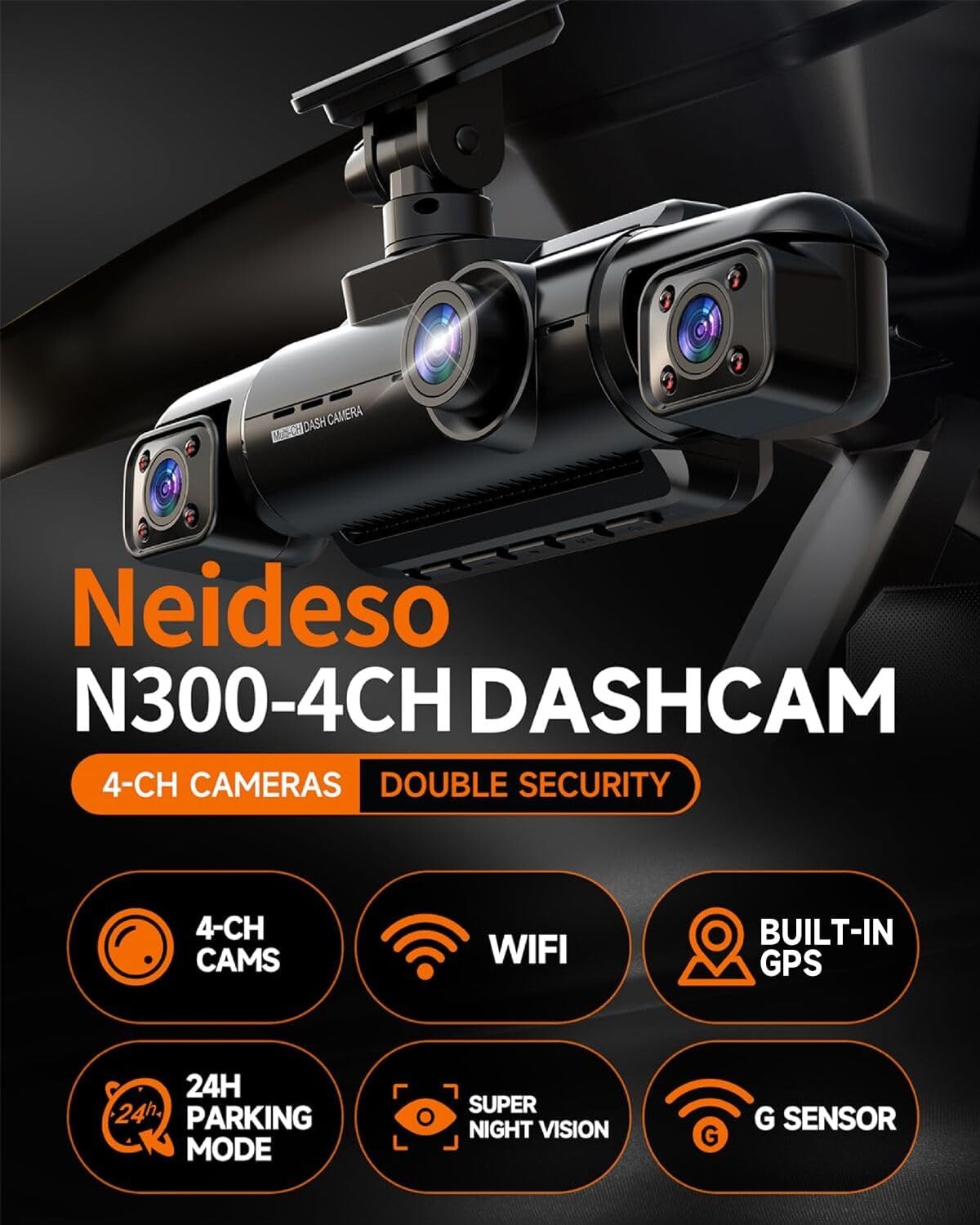 360° Dash Cam 4-Channel FHD 4*1080P Wi-Fi GPS Voice Control Car Camera, Front 2K+1080P*2 Dash Cam, with 64GB SD Card, Night Vision, 24-Hour Parking Mode wourant