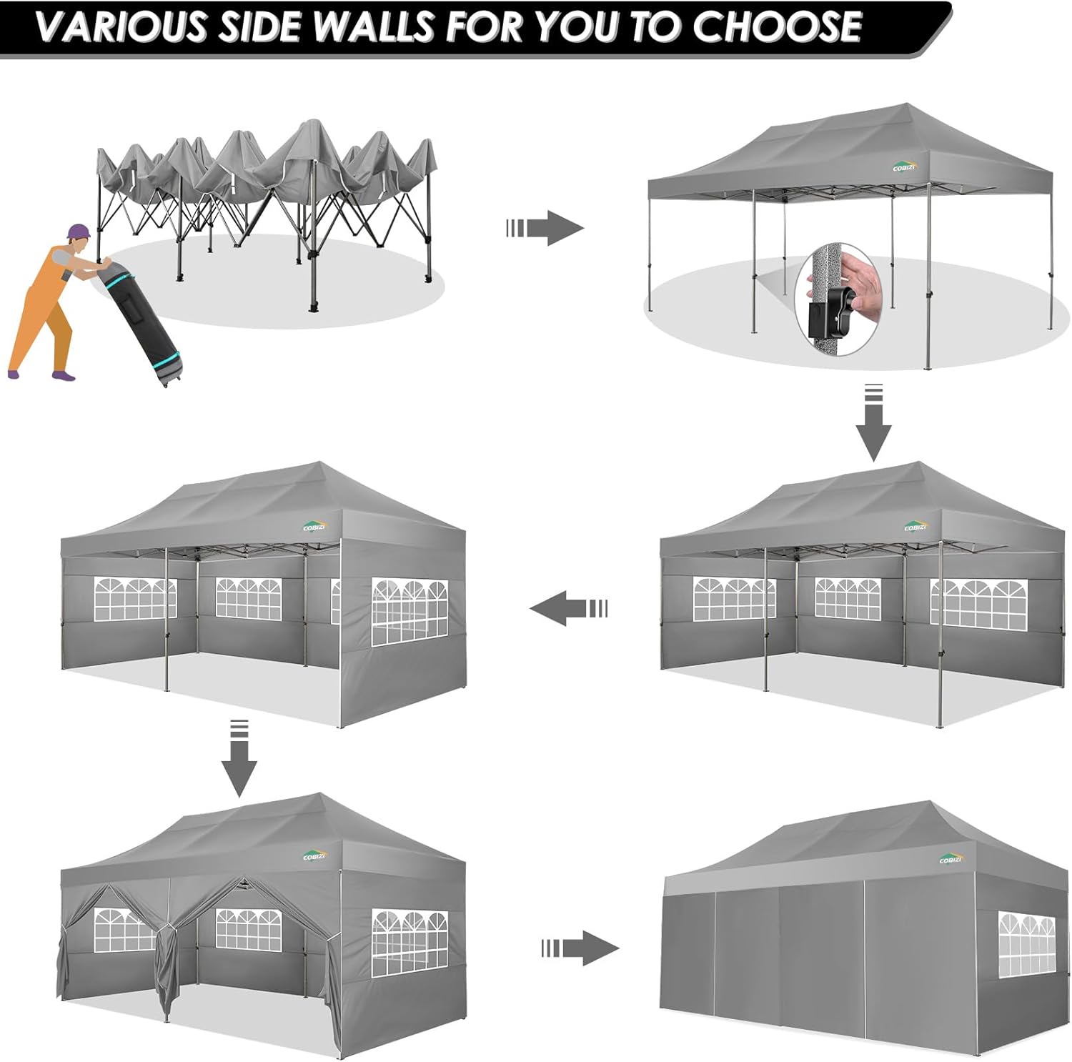 COBIZI 10x20 Heavy Duty Pop up Canopy Tent with 6 sidewalls Easy Up Commercial Outdoor Canopy Wedding Party Tents for Parties All Season Wind & Waterproof Gazebo with Roller Bag,Black(Frame Thickened) wourant