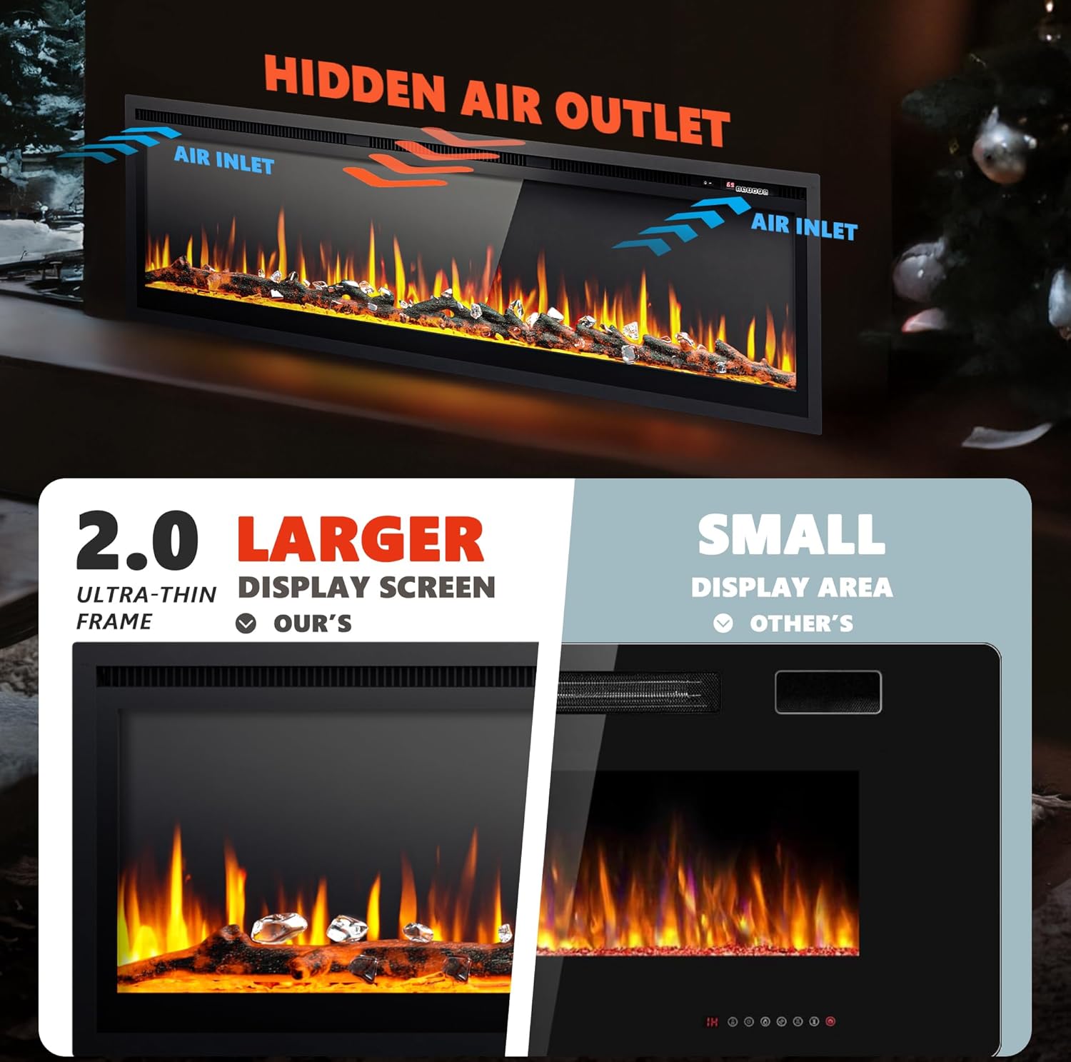 EUHOMY 50 Inch Electric Fireplace Wall Recessed and Wall Mounted with Adjustable Flame Color, Fireplace Heater with Remote Control, Linear Fireplace with Timer, Touch Screen, Log & Crystal, 750/1500W wourant