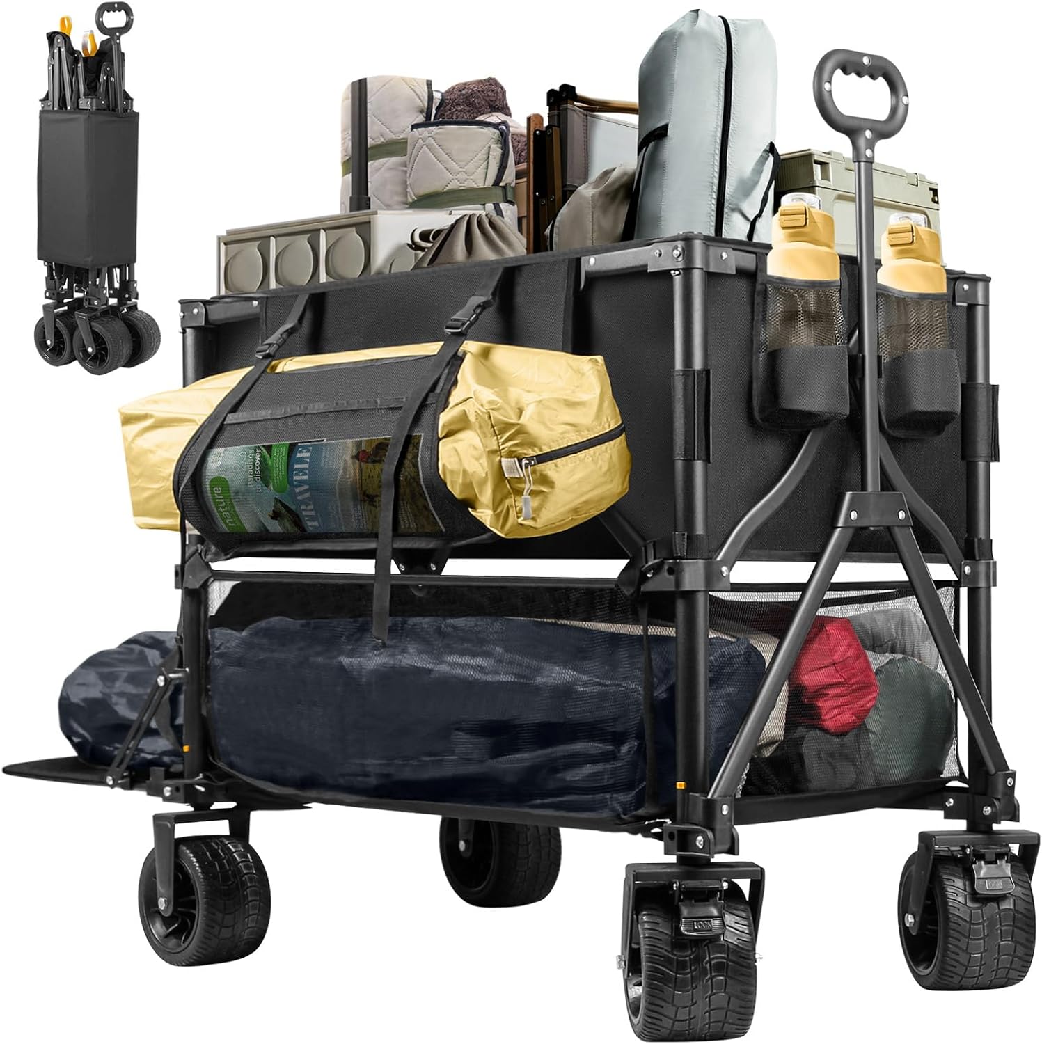 Double Decker Wagon 600lb Capacity & 400L Collapsible Sports Wagon with Big Wheels 54" Extended Utility Folding Cart wourant
