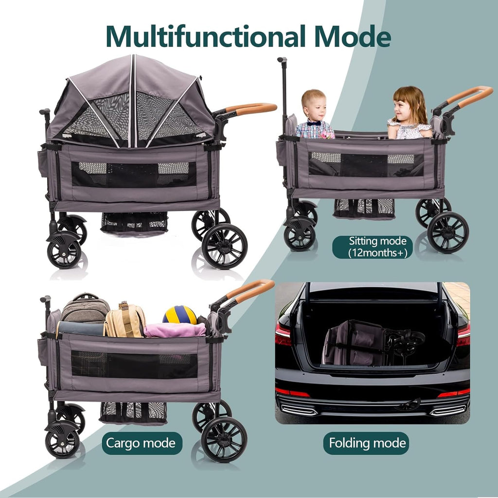 Wagon Stroller for 2 Kids & Cargo-Travel Stroller Push-Pull Double Wagon Lightweight Folding Stroller for Newborn&Toddler with 5-Point Harness,Adjustable Handle Bar and Canopy,Tray Table,Cup Holder wourant