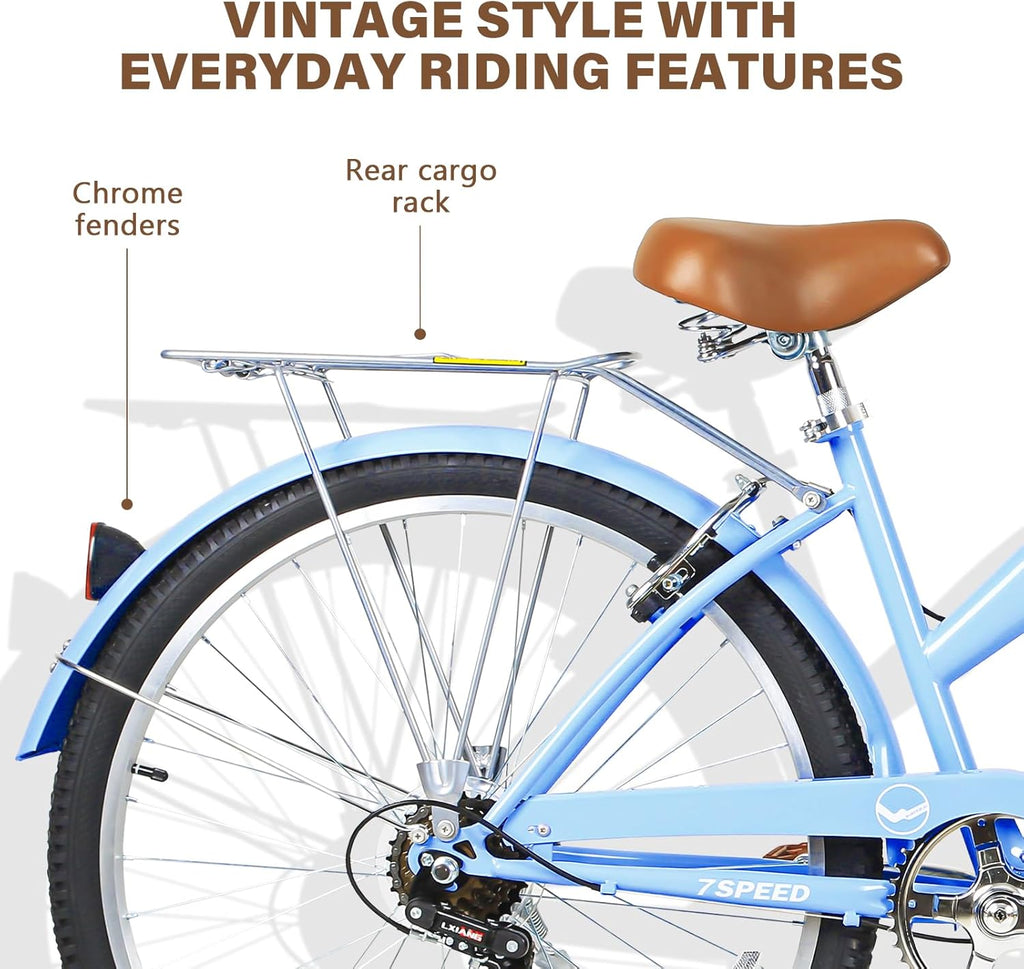 WEIZE Beach Cruiser Bike, 26 inch Commuter Bicycle for Adult Men and Women, 7-Speed/High-Carbon Steel/Front & Rear Fenders, Comfortable City Bikes with Rear Rack or Basket, Ergonomic Upright Design wourant