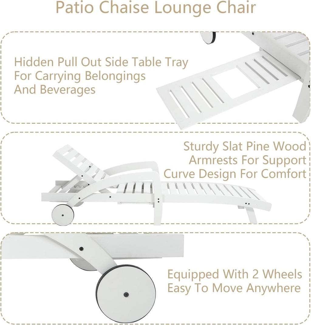 Pool Chaise Lounge Chairs Set of 4 5-Position Adjustable Outdoor Patio Lounge Chairs Wood Reclining Chaise Lounger Chair with Pullout Side Table wourant