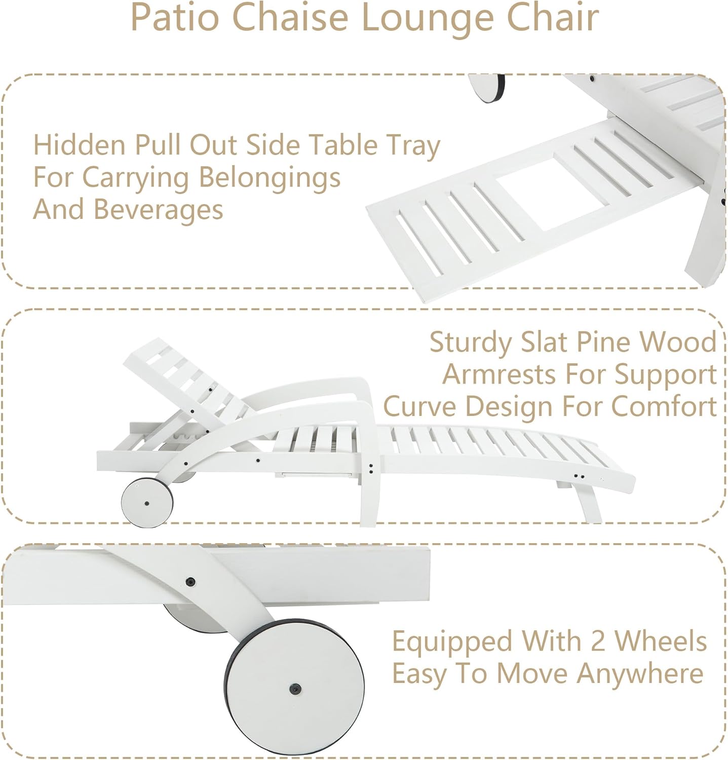 Pool Chaise Lounge Chairs Set of 4 5-Position Adjustable Outdoor Patio Lounge Chairs Wood Reclining Chaise Lounger Chair with Pullout Side Table wourant