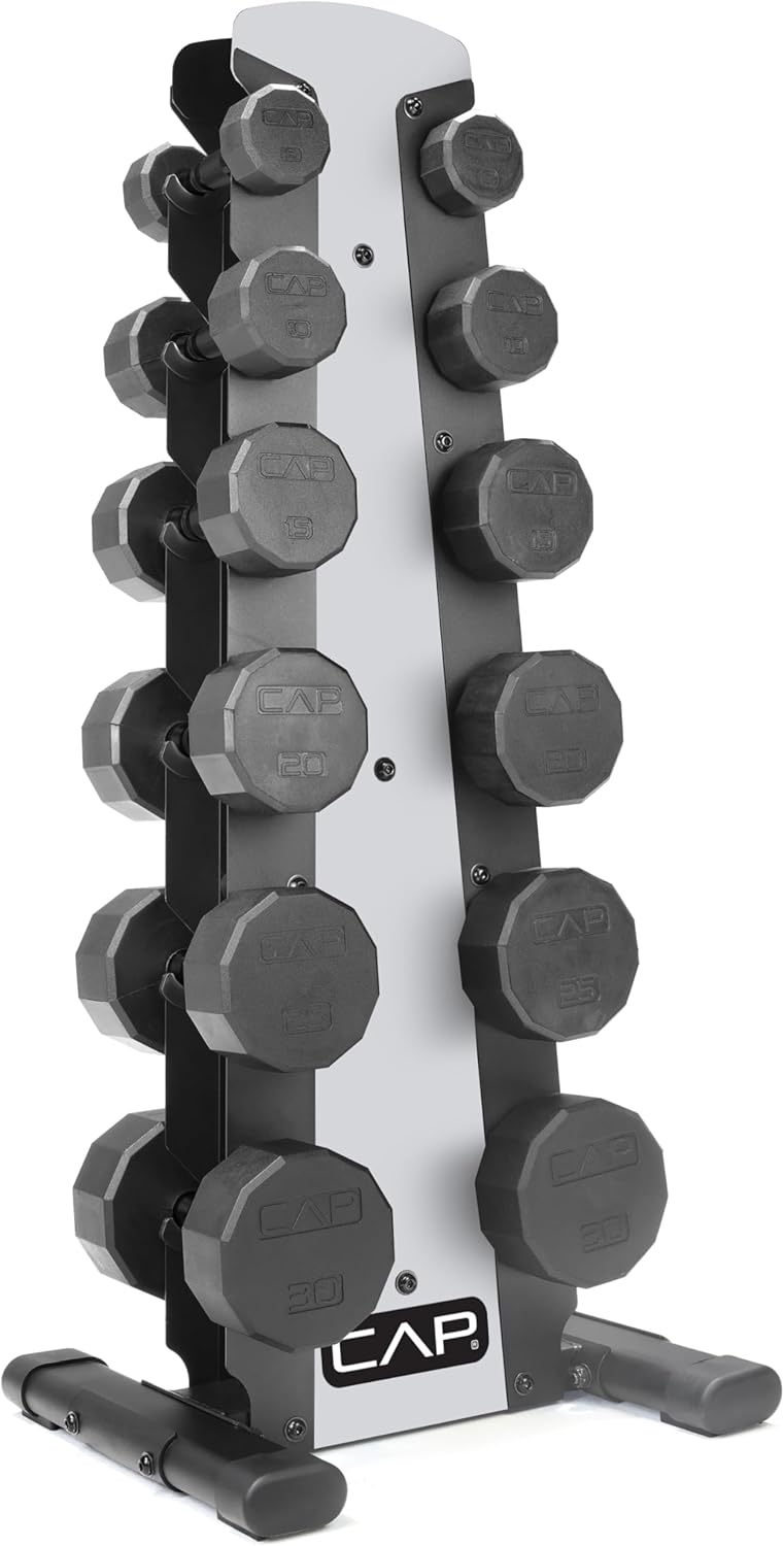 CAP Barbell Rubber Coated Dumbbell Weight Set with Vertical Rack | 100 lb, 150 lb, and 210 lb Options wourant