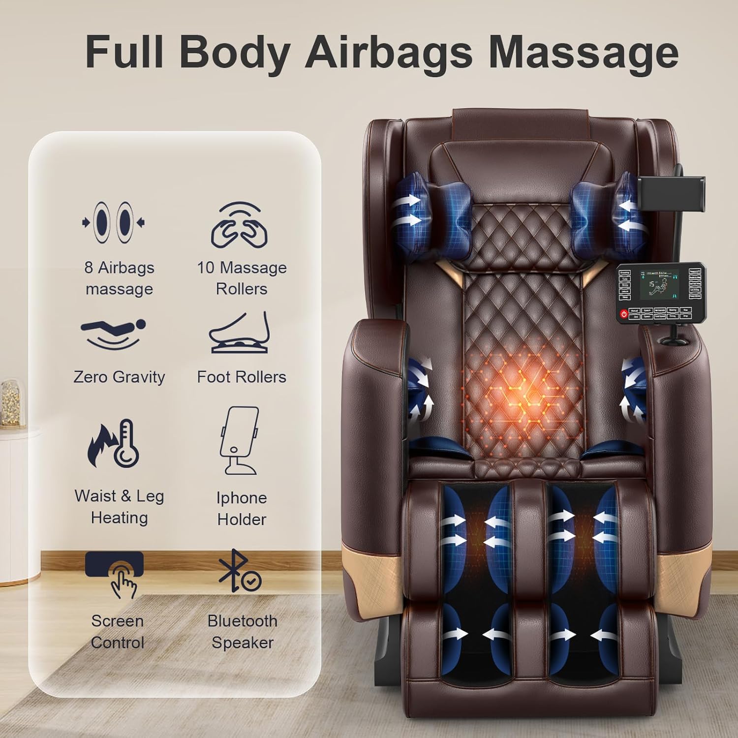 2025 Massage Chair Full Body, Zero Gravity Massage Chair with 10 Fix Rollers, Heating, Foot Massage, Auto Modes, Bluetooth Speaker, Touch Screen Controller (Black & Brown) wourant