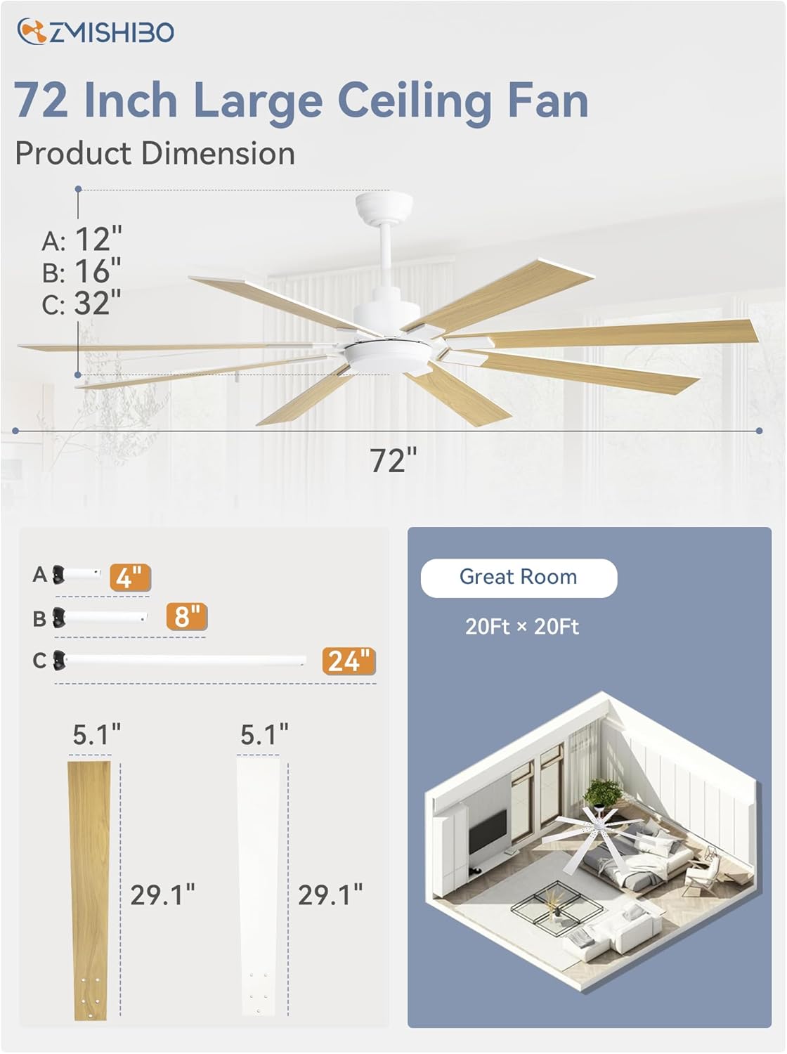 ZMISHIBO 72 inch Large Ceiling Fans with Lights and Remote, Indoor/Outdoor Black Modern Ceiling Fan for Kitchen Living Room Patio, 6 Speed Reversible Quiet DC Motor, 3 CCT, Dual Finish 8 Blades wourant