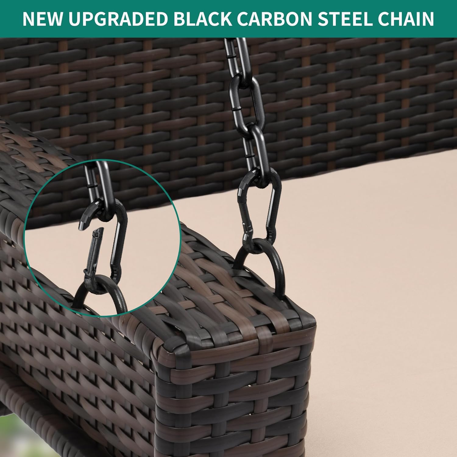 YITAHOME Hanging Porch Swing Chair Sits 3 People, Wicker Outdoor Swing Bench, Patio Lounge Chair, 1 Seating Cushion and 3 Back Cushions, w/Removable Covers, for Garden, Balcony, Backyard, Brown wourant