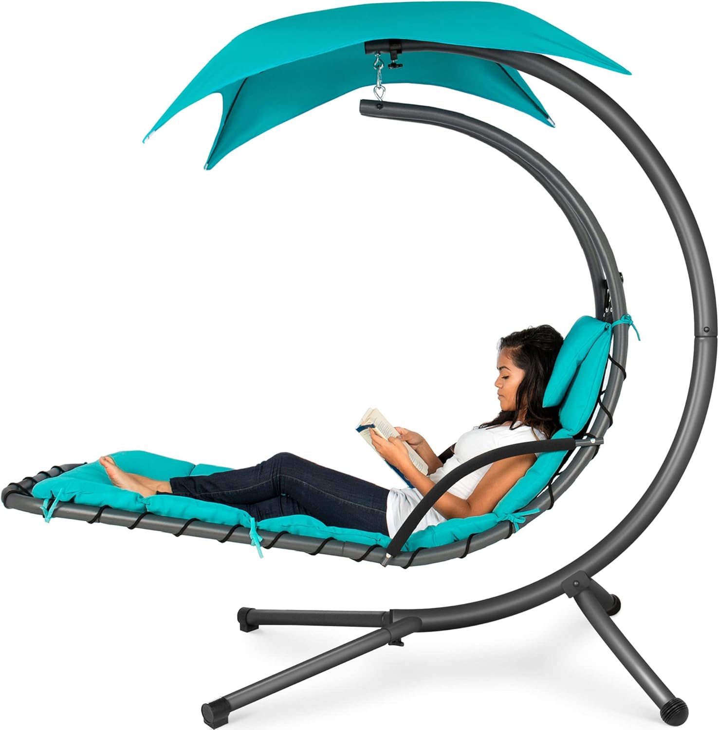 Best Choice Products Outdoor Hanging Curved Steel Chaise Lounge Chair Swing w/Built-in Pillow and Removable Canopy - Teal wourant