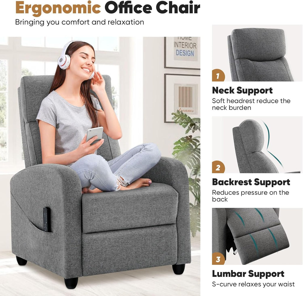DUMOS Recliner Chair for Adults, Massage Reclining Chair for Living Room, Adjustable Home Theater Seating Single Sofa with Padded Seat Backrest and Footrest, Linen, Grey wourant
