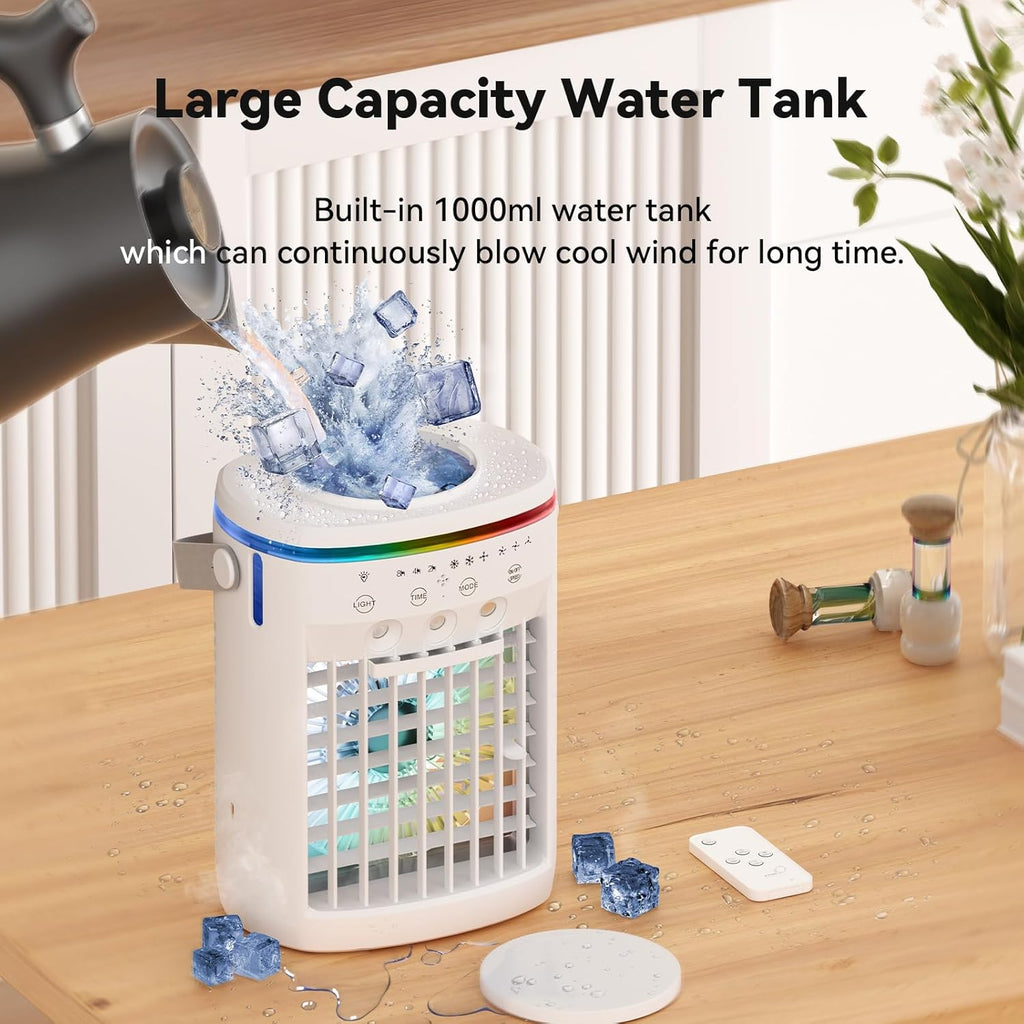 Portable Air Conditioner,Cooling Fan with 3 Speeds &3 Modes,2-8H Timer,1000ml Water Tank, Remote Control,4 in 1 Humidifier, Air Conditioner,Fan,Night Light,Evaporative Air Cooler for Home,Office wourant