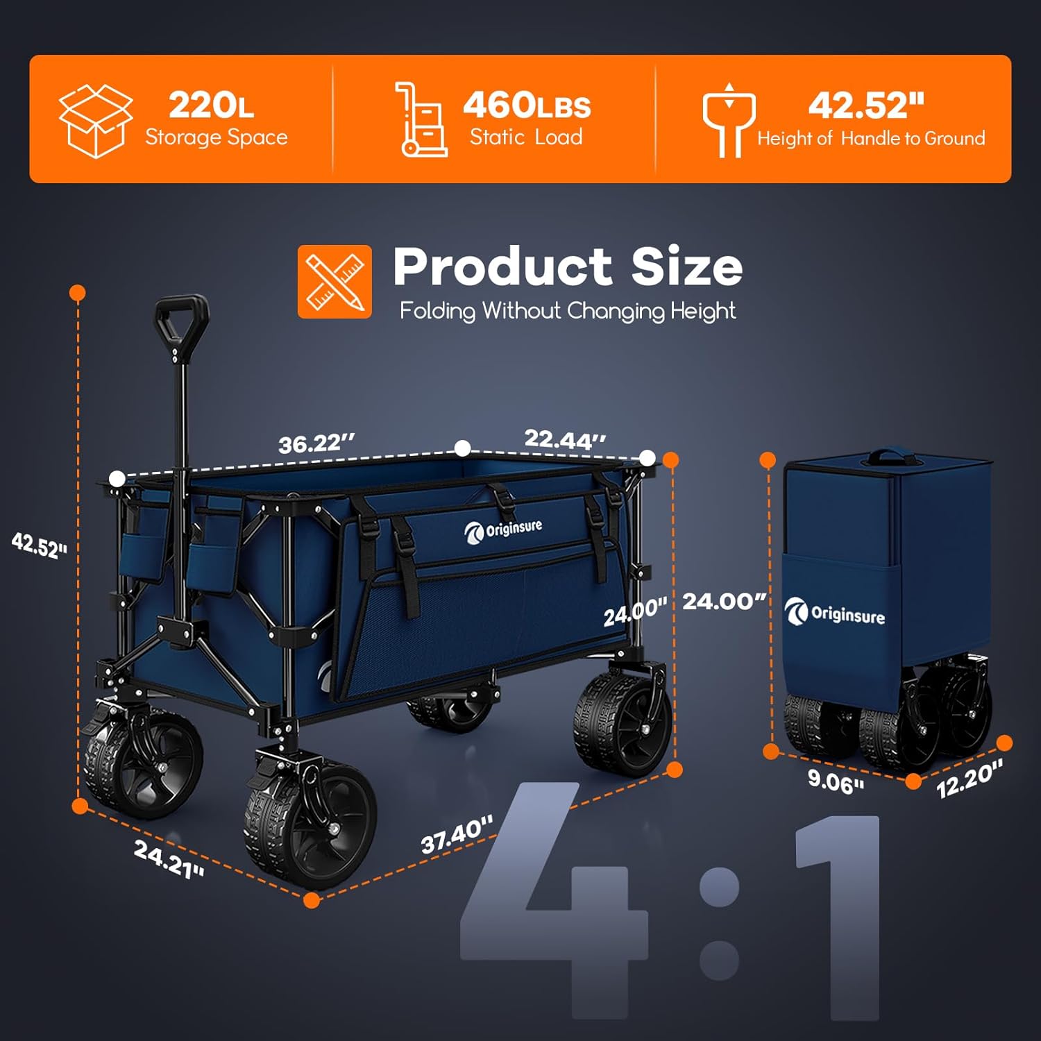 38" long foldable four-wheel stroller, foldable, 460 lb capacity, 220 liter heavy-duty folding beach stroller with large all-terrain tires wourant