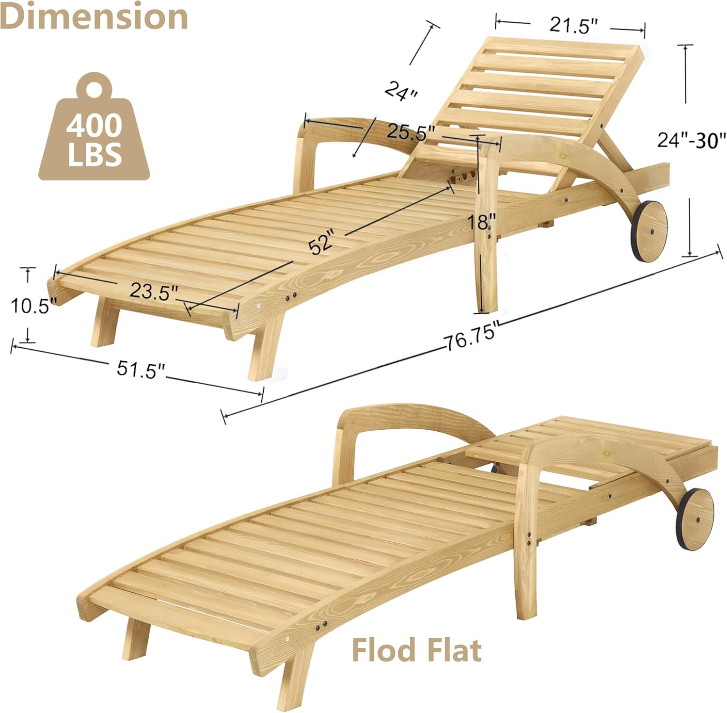 Pool Chaise Lounge Chairs Set of 4 5-Position Adjustable Outdoor Patio Lounge Chairs Wood Reclining Chaise Lounger Chair with Pullout Side Table wourant
