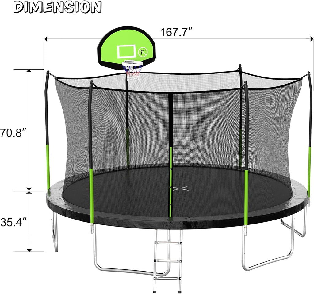 AOTOB 8FT 10FT 12FT 14 FT 15FT Trampoline with Safety Enclosure Net，Outdoor Trampoline with Basketball Hoop, Heavy Duty Jumping Mat and Spring Cover Padding for Kids and Adults, Storage Bag and Ladder wourant