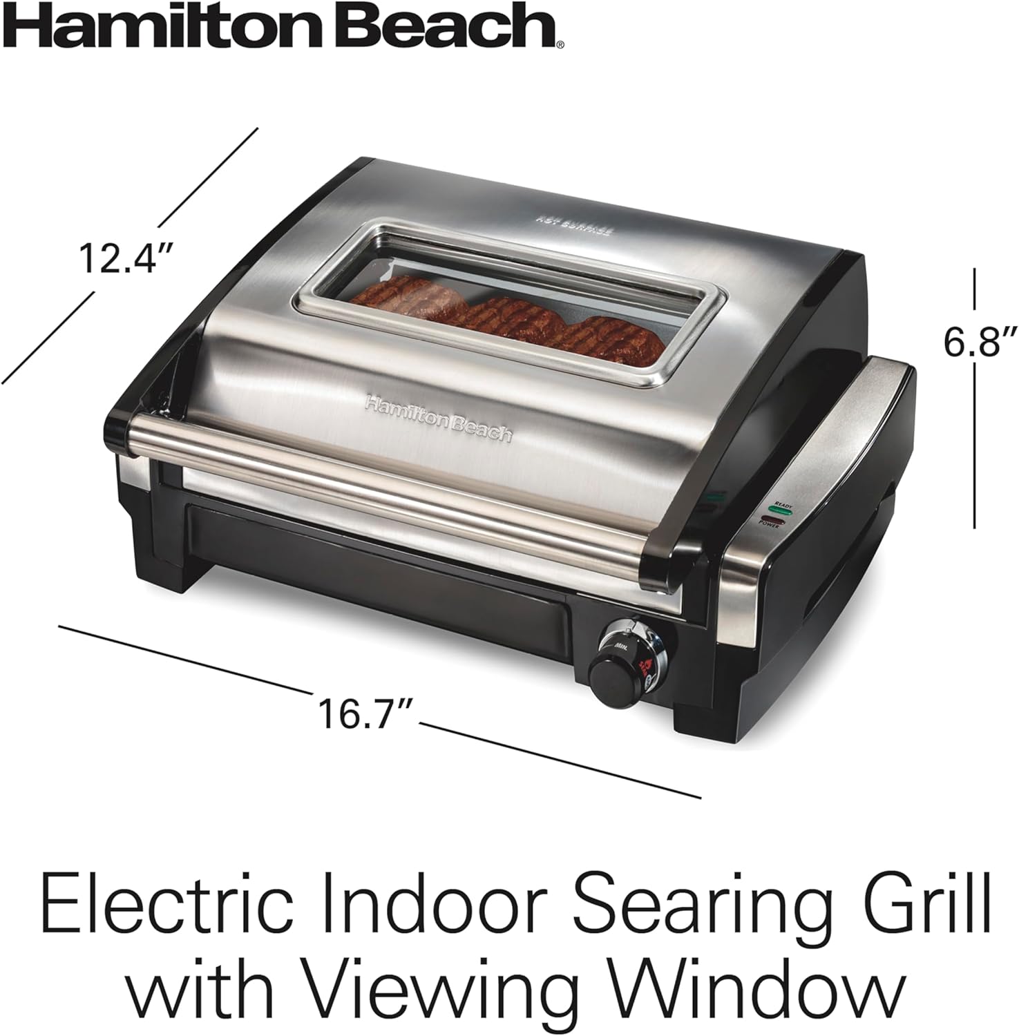 Electric Indoor Searing Grill with Viewing Window & Adjustable Temperature Control to 450F, 118 sq. in. Surface Serves 6, PFAS-Free Removable Nonstick Grate, Stainless Steel wourant