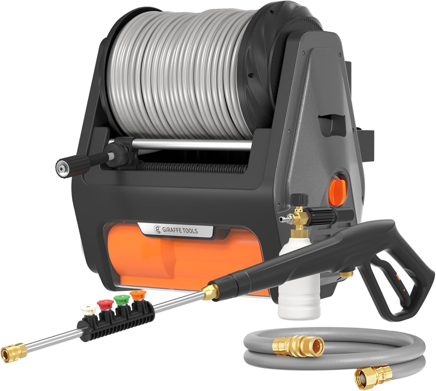 Giraffe Tools Grandfalls Pressure Washer, Max 2900 PSI, 2.2 GPM Electric Wall Mounted Power Washer with 100ft Retractable Hose, Foam Cannon, 4-Nozzles for Car/Driveways/Patios wourant