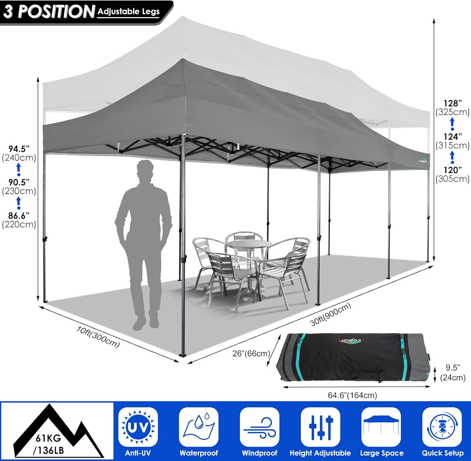 COBIZI 10x20 Heavy Duty Pop up Canopy Tent with 6 sidewalls Easy Up Commercial Outdoor Canopy Wedding Party Tents for Parties All Season Wind & Waterproof Gazebo with Roller Bag,Black(Frame Thickened) wourant