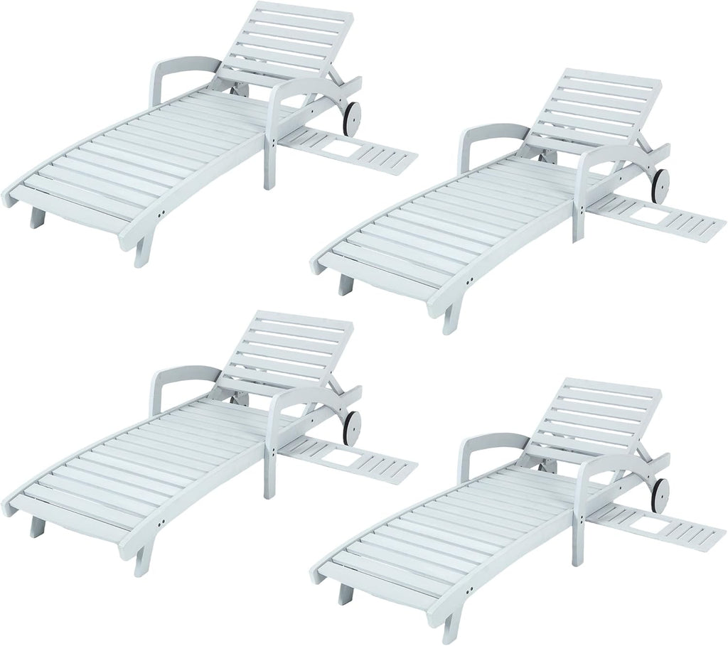 Pool Chaise Lounge Chairs Set of 4 5-Position Adjustable Outdoor Patio Lounge Chairs Wood Reclining Chaise Lounger Chair with Pullout Side Table wourant