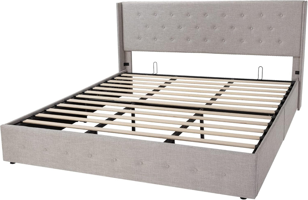 Allewie Queen Size Lift Up Storage Bed Modern Wingback Headboard Hydraulic Support wourant