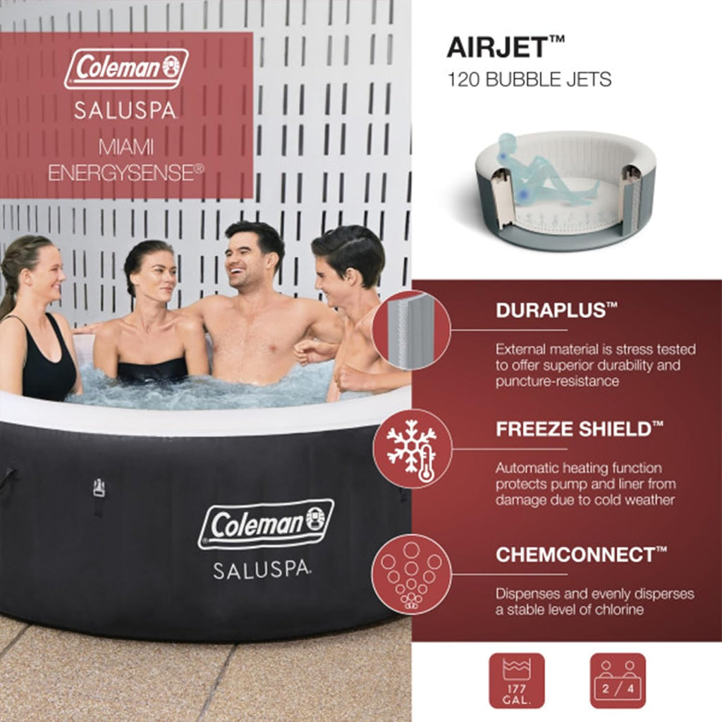 Coleman SaluSpa Miami AirJet 2 to 4 Person Round Inflatable Hot Tub Portable Outdoor Spa with 120 Soothing AirJets and Insulated Cover, Black wourant