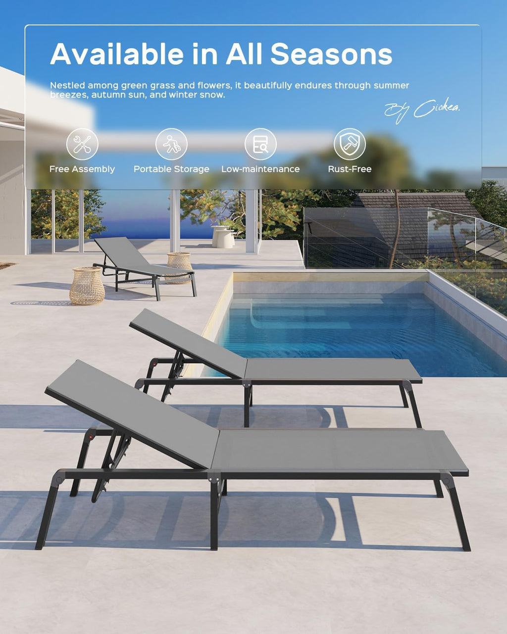 Aluminum Chaise Lounge Ourdoor - Foldable & Assemble Free Outdoor Lounge Chair with 5 Adjustable Backrest, Patio Lounge Chair for Outside Poolside Beach Pool, Black wourant