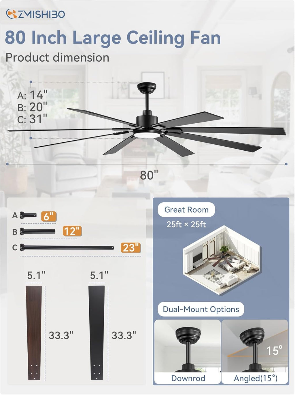 ZMISHIBO 72 inch Large Ceiling Fans with Lights and Remote, Indoor/Outdoor Black Modern Ceiling Fan for Kitchen Living Room Patio, 6 Speed Reversible Quiet DC Motor, 3 CCT, Dual Finish 8 Blades wourant