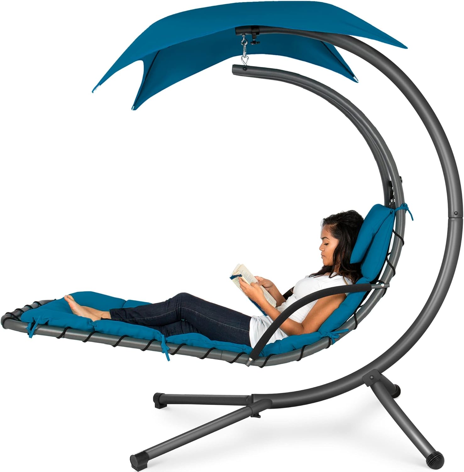 Best Choice Products Outdoor Hanging Curved Steel Chaise Lounge Chair Swing w/Built-in Pillow and Removable Canopy - Charcoal Gray wourant