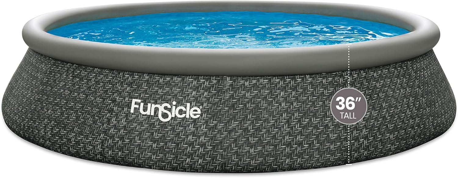 Funsicle 12 Foot by 36 Inch Quickset Round Inflatable Ring Top Outdoor Above Ground Swimming Pool Set with Pump and Cartridge Filter, Dark Herringbone wourant